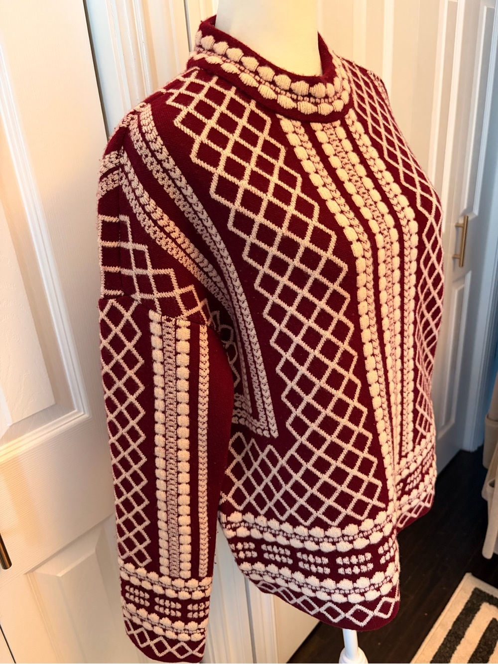 Tory Burch Chunky Maroon and Cream Geometric Knit Sweater